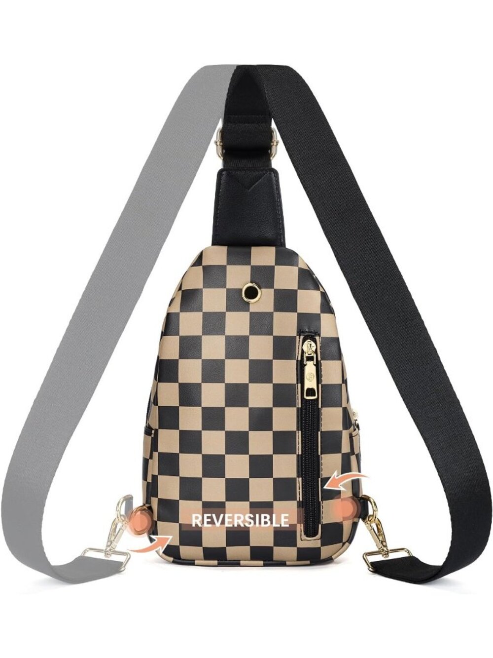 Women's Checkered Coffee Leather Sling Fanny Pack Chest Travel Purse Crossbody B - Picture 6 of 6